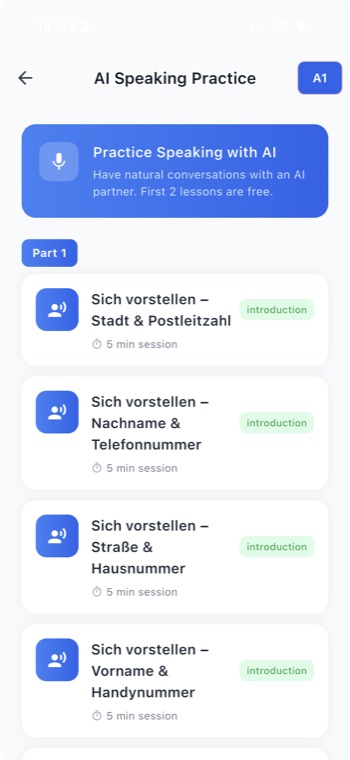 AI speaking practice lessons in PassDeutsch with five-minute conversation sessions