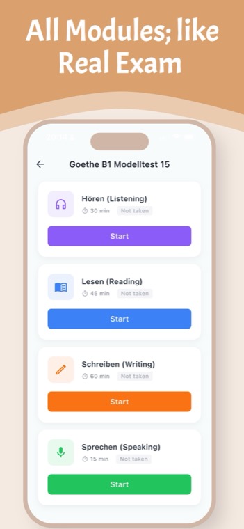Goethe B1 model test with the four modules listed in PassDeutsch