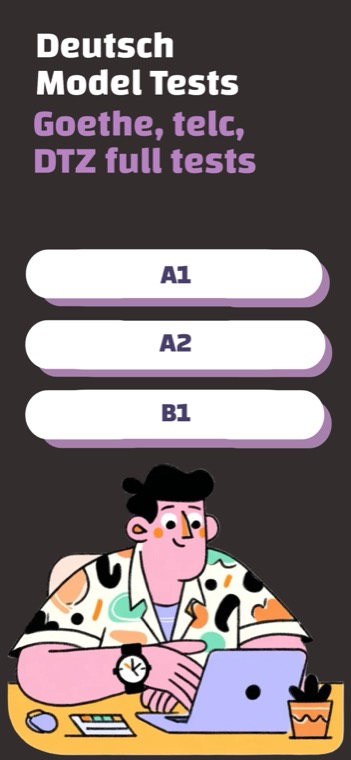 PassDeutsch start screen offering German model tests at A1, A2 and B1 for Goethe, telc and DTZ
