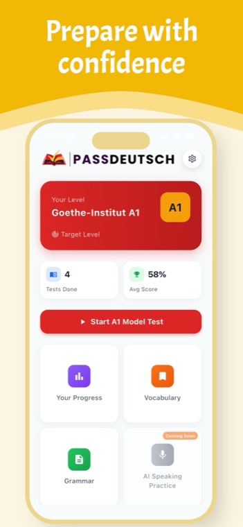PassDeutsch dashboard with the vocabulary trainer among the main study options