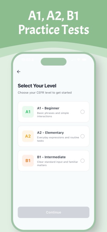 Level selection screen in PassDeutsch offering A1 Beginner, A2 Elementary and B1 Intermediate