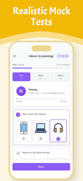 Listening test in PassDeutsch with an audio player and multiple-choice picture questions