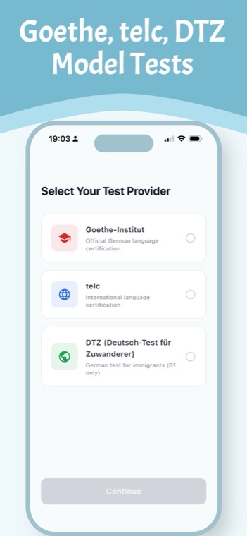 Provider selection screen in PassDeutsch showing Goethe-Institut, telc and DTZ