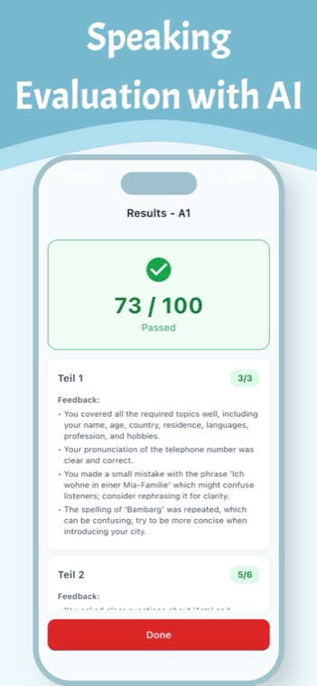 PassDeutsch speaking results screen showing a score of 73 out of 100, marked as passed, with feedback for each part of the exam