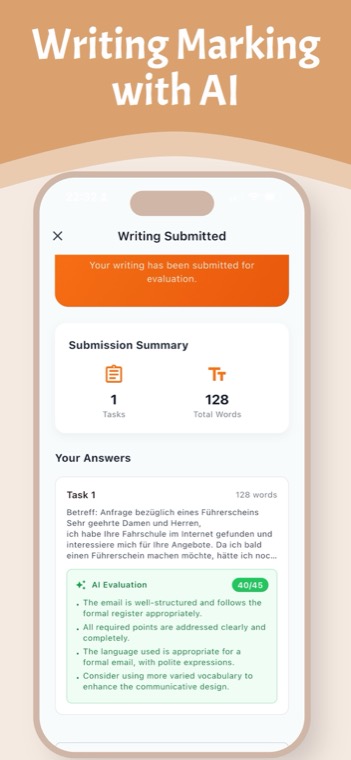 AI feedback on a German formal email inside PassDeutsch